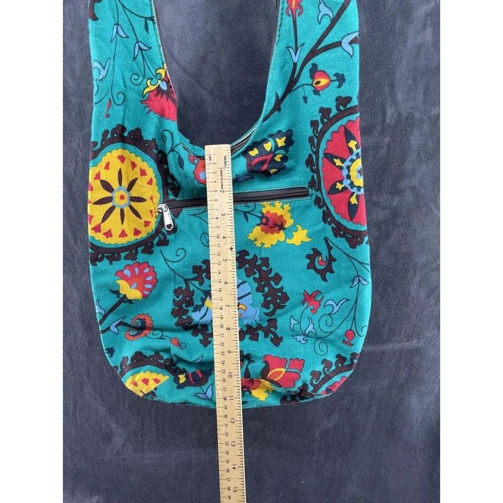 Boho Floral Cotton Sling Crossbody Hobo Bag Teal Hippie Festival Zip Purse